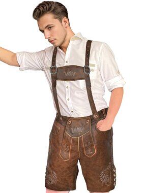 Authentic German Lederhosen Men Red Brown Oktoberfest Bavarian Costume Outfit